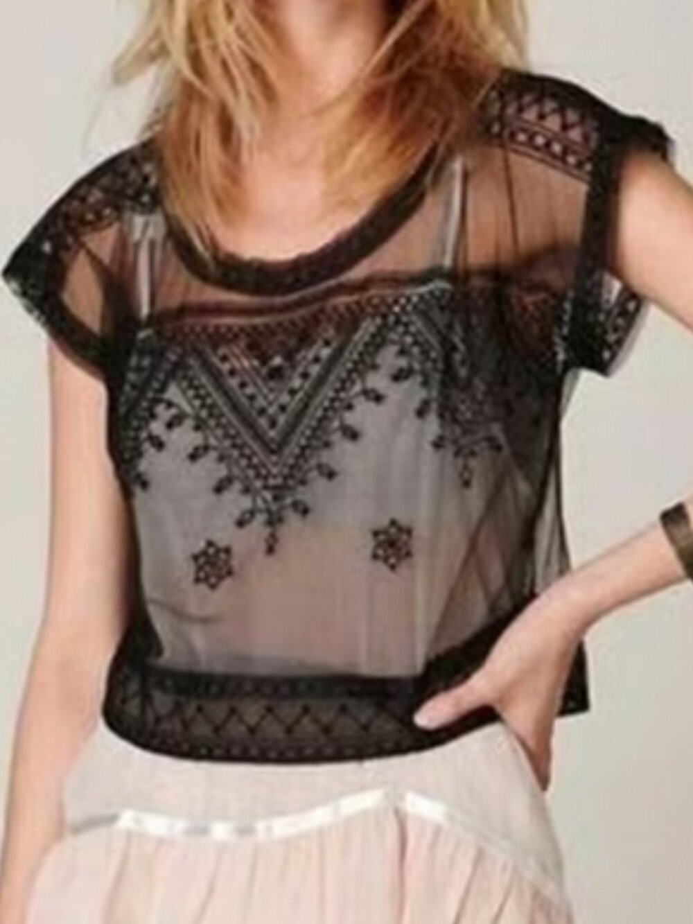 Free People The Vicki Embroidered Sheer Top Size Small